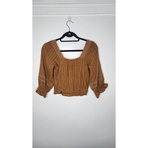 American Eagle Lace Tie Crop Top Long Sleeve Brown Size XS - Picture 5 of 7